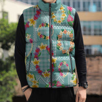 Hawaiian Leis Sleeveless Puffer Jacket Kakau Tattoos and Palaka Pastel Teal Color