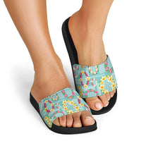 Hawaiian Leis Slide Sandals Kakau Tattoos and Palaka Pastel Teal Color