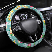 Hawaiian Leis Steering Wheel Cover Kakau Tattoos and Palaka Pastel Teal Color