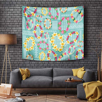 Hawaiian Leis Tapestry Kakau Tattoos and Palaka Pastel Teal Color