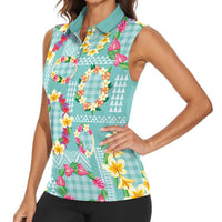Hawaiian Leis Women Sleeveless Polo Shirt Kakau Tattoos and Palaka Pastel Teal Color LT03 - Polynesian Pride