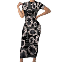 Hawaiian Leis Family Matching Short Sleeve Bodycon Dress and Hawaiian Shirt Kakau Tattoos and Palaka Pastel Grayscale LT03 Mom's Dress Black - Polynesian Pride