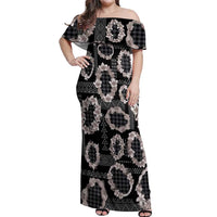 Hawaiian Leis Off Shoulder Maxi Dress Kakau Tattoos and Palaka Pastel Grayscale