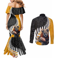 New Zealand and Australia Rugby Couples Matching Mermaid Dress and Long Sleeve Button Shirt Koala and Maori Warrior Together LT03 - Polynesian Pride