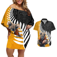 New Zealand and Australia Rugby Couples Matching Off Shoulder Short Dress and Hawaiian Shirt Koala and Maori Warrior Together LT03 Black - Polynesian Pride