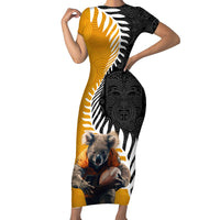 New Zealand and Australia Rugby Short Sleeve Bodycon Dress Koala and Maori Warrior Together LT03 Long Dress Black - Polynesian Pride