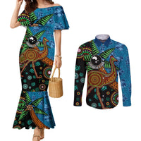 Fiji and Australia Couples Matching Mermaid Dress and Long Sleeve Button Shirt Palm Tree and Abogirinal Emu LT03 Blue - Polynesian Pride