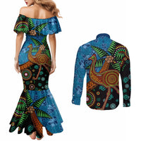 Fiji and Australia Couples Matching Mermaid Dress and Long Sleeve Button Shirt Palm Tree and Abogirinal Emu LT03 - Polynesian Pride