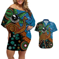 Fiji and Australia Couples Matching Off Shoulder Short Dress and Hawaiian Shirt Palm Tree and Abogirinal Emu LT03 Blue - Polynesian Pride