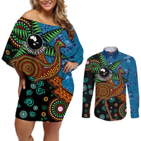 Fiji and Australia Couples Matching Off Shoulder Short Dress and Long Sleeve Button Shirt Palm Tree and Abogirinal Emu LT03 Blue - Polynesian Pride