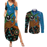 Fiji and Australia Couples Matching Summer Maxi Dress and Long Sleeve Button Shirt Palm Tree and Abogirinal Emu LT03 Blue - Polynesian Pride