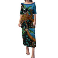 Fiji and Australia Puletasi Palm Tree and Abogirinal Emu LT03 Long Dress Blue - Polynesian Pride