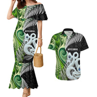 New Zealand Koru Natural Couples Matching Mermaid Dress and Hawaiian Shirt Manaia and Silver Fern Maori Pattern LT03 Black - Polynesian Pride