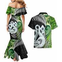 New Zealand Koru Natural Couples Matching Mermaid Dress and Hawaiian Shirt Manaia and Silver Fern Maori Pattern LT03 - Polynesian Pride