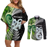 New Zealand Koru Natural Couples Matching Off Shoulder Short Dress and Long Sleeve Button Shirt Manaia and Silver Fern Maori Pattern LT03 Black - Polynesian Pride