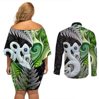 New Zealand Koru Natural Couples Matching Off Shoulder Short Dress and Long Sleeve Button Shirt Manaia and Silver Fern Maori Pattern LT03 - Polynesian Pride
