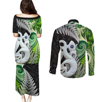 New Zealand Koru Natural Couples Matching Puletasi and Long Sleeve Button Shirt Manaia and Silver Fern Maori Pattern LT03 - Polynesian Pride