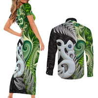 New Zealand Koru Natural Couples Matching Short Sleeve Bodycon Dress and Long Sleeve Button Shirt Manaia and Silver Fern Maori Pattern