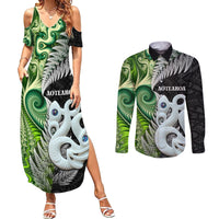 New Zealand Koru Natural Couples Matching Summer Maxi Dress and Long Sleeve Button Shirt Manaia and Silver Fern Maori Pattern LT03 Black - Polynesian Pride