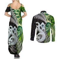 New Zealand Koru Natural Couples Matching Summer Maxi Dress and Long Sleeve Button Shirt Manaia and Silver Fern Maori Pattern LT03 - Polynesian Pride