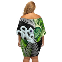 New Zealand Koru Natural Off Shoulder Short Dress Manaia and Silver Fern Maori Pattern LT03 - Polynesian Pride