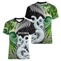 New Zealand Koru Natural Women V-Neck T-Shirt Manaia and Silver Fern Maori Pattern