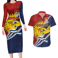 Kiribati Independence Day Couples Matching Long Sleeve Bodycon Dress and Hawaiian Shirt Polynesian and Melanesian Art Tattoo