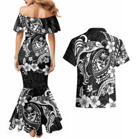 Guam Dolphins Tribal Tattoo Couples Matching Mermaid Dress and Hawaiian Shirt Polynesian Art and Tropical Flower Grayscale