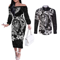 Guam Dolphins Tribal Tattoo Couples Matching Off The Shoulder Long Sleeve Dress and Long Sleeve Button Shirt Polynesian Art and Tropical Flower Grayscale