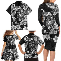 Guam Dolphins Tribal Tattoo Family Matching Long Sleeve Bodycon Dress and Hawaiian Shirt Polynesian Art and Tropical Flower Grayscale