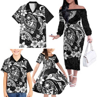 Guam Dolphins Tribal Tattoo Family Matching Off The Shoulder Long Sleeve Dress and Hawaiian Shirt Polynesian Art and Tropical Flower Grayscale