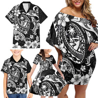 Guam Dolphins Tribal Tattoo Family Matching Off Shoulder Short Dress and Hawaiian Shirt Polynesian Art and Tropical Flower Grayscale