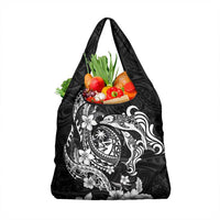 Guam Dolphins Tribal Tattoo Grocery Bag Polynesian Art and Tropical Flower Grayscale