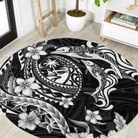 Guam Dolphins Tribal Tattoo Round Carpet Polynesian Art and Tropical Flower Grayscale