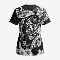 Guam Dolphins Tribal Tattoo Scrub Top Polynesian Art and Tropical Flower Grayscale - Polynesian Pride