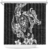 Guam Dolphins Tribal Tattoo Shower Curtain Polynesian Art and Tropical Flower Grayscale