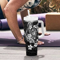 Guam Dolphins Tribal Tattoo Tumbler With Handle Polynesian Art and Tropical Flower Grayscale