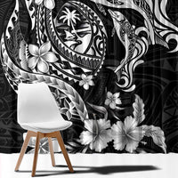 Guam Dolphins Tribal Tattoo Window Curtain Polynesian Art and Tropical Flower Grayscale