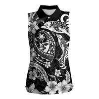 Guam Dolphins Tribal Tattoo Women Sleeveless Polo Shirt Polynesian Art and Tropical Flower Grayscale