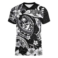 Guam Dolphins Tribal Tattoo Women V-Neck T-Shirt Polynesian Art and Tropical Flower Grayscale