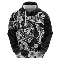 Guam Dolphins Tribal Tattoo Zip Hoodie Polynesian Art and Tropical Flower Grayscale