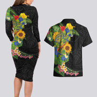 Hawaiian Tropical Plants and Chameleon Couples Matching Long Sleeve Bodycon Dress and Hawaiian Shirt Polynesian Art Colorful LT03 - Polynesian Pride