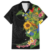 Hawaiian Tropical Plants and Chameleon Family Matching Off Shoulder Maxi Dress and Hawaiian Shirt Polynesian Art Colorful LT03 Dad's Shirt - Short Sleeve Black - Polynesian Pride
