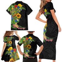 Hawaiian Tropical Plants and Chameleon Family Matching Short Sleeve Bodycon Dress and Hawaiian Shirt Polynesian Art Colorful LT03 - Polynesian Pride