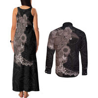 Hawaiian Tropical Plants and Chameleon Couples Matching Tank Maxi Dress and Long Sleeve Button Shirt Polynesian Art Grayscale - Polynesian Pride