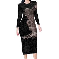 Hawaiian Tropical Plants and Chameleon Family Matching Long Sleeve Bodycon Dress and Hawaiian Shirt Polynesian Art Grayscale LT03 Mom's Dress Black - Polynesian Pride