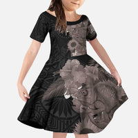 Hawaiian Tropical Plants and Chameleon Family Matching Off The Shoulder Long Sleeve Dress and Hawaiian Shirt Polynesian Art Grayscale - Polynesian Pride