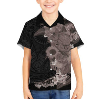Hawaiian Tropical Plants and Chameleon Family Matching Off Shoulder Maxi Dress and Hawaiian Shirt Polynesian Art Grayscale LT03 Son's Shirt Black - Polynesian Pride