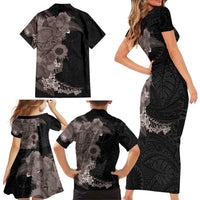 Hawaiian Tropical Plants and Chameleon Family Matching Short Sleeve Bodycon Dress and Hawaiian Shirt Polynesian Art Grayscale LT03 - Polynesian Pride