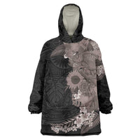 Hawaiian Tropical Plants and Chameleon Wearable Blanket Hoodie Polynesian Art Grayscale - Polynesian Pride